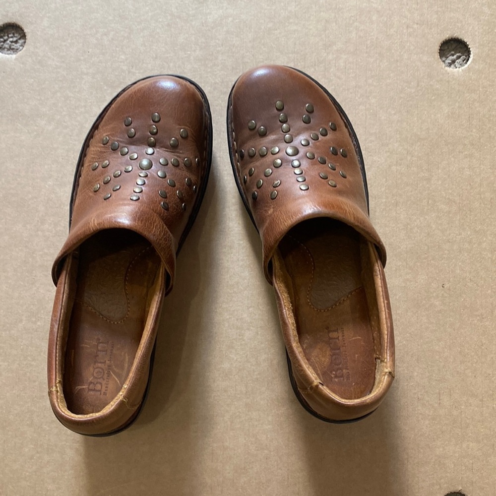 Born Handcrafted footwear, “Surina” studded brown leather clogs, size 7.5